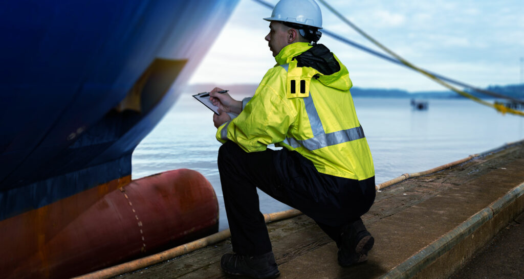 Man with clipboard auditing a vessel's hull.